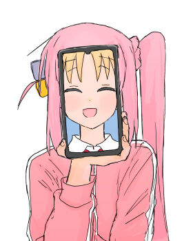 2girls blonde_hair bocchi_the_rock! borrowed_hairstyle closed_eyes commentary_request covering_face cube_hair_ornament gotoh_hitori hair_ornament hand_up highres ijichi_nijika jacket juxtaposition mentos_pepsi multiple_girls open_mouth phone phone_over_face pink_hair pink_jacket side_ponytail simple_background smile track_jacket white_background