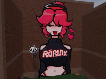 1girl artist_request black_eyes blush_stickers breasts brick_wall collarbone commentary copyright_name detached_sleeves english_commentary feminization genderswap genderswap_(mtf) guest_(roblox) heart large_breasts looking_at_viewer navel open_mouth red_hair roblox roblox_(medium) short_hair smile solo solo_focus spoken_heart