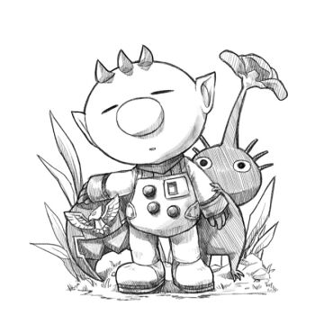 1boy big_nose buttons closed_eyes commentary_request expressionless f-zero flower full_body gloves grass greyscale hand_on_another&#039;s_arm helmet holding holding_unworn_helmet looking_at_another male_focus monochrome naru_(wish_field) nintendo no_headwear no_mouth olimar parted_lips pikmin_(creature) pikmin_(series) pointy_ears purple_pikmin short_hair simple_background spacesuit unworn_helmet very_short_hair white_background