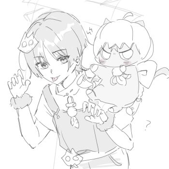 1boy ? animalization blunt_ends blush casual cat cat_hair_ornament contemporary curled_fingers feathers fur_wrist_cuffs genshin_impact greyscale hair_ornament halloween_costume hands_up highres looking_at_viewer male_focus mochi_32x monochrome official_alternate_costume overalls paw_pose person_and_animalization pom_pom_(clothes) pumpkin_hat scaramouche_(cat)_(genshin_impact) scaramouche_(genshin_impact) short_sleeves sketch tongue tongue_out upper_body white_background wrist_cuffs