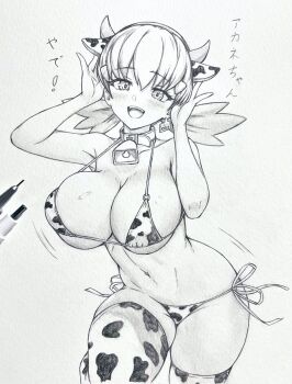 1girl animal_ear_hairband animal_ears animal_print arms_up art_tools_in_frame bell bikini breasts cleavage commentary_request cow_ears cow_print cow_print_bikini cow_print_thighhighs fake_animal_ears graphite_(medium) greyscale hairband highres large_breasts low_twintails monochrome navel neck_bell nintendo open_mouth photo_(medium) pokemon pokemon_hgss print_bikini print_thighhighs seishun_dendeke side-tie_bikini_bottom skindentation smile solo standing swimsuit thighhighs thighs traditional_media translation_request twintails whitney_(pokemon)