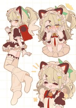 Rule 34 | 1girl, ^^^, animal ear hairband, animal ears, bell, black dress, blush, cat ear hairband, cat ears, checkered background, closed eyes, commentary request, covering own eyes, dress, fake animal ears, frilled dress, frilled sleeves, frills, ghost hair ornament, green hair, hair ornament, hairband, highres, looking at viewer, maid, maid headdress, multiple hair clips, multiple views, neck bell, official alternate costume, open mouth, ponytail, red bag, siomimi, sunna (afternoon tea break) (zenless zone zero), sunna (zenless zone zero), triangle hair ornament, white background, white wings, winged bag, wings, yellow eyes, zenless zone zero