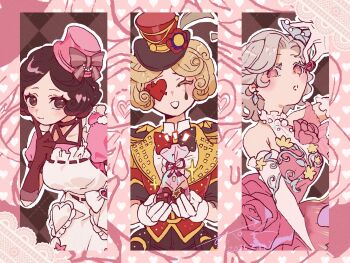 Rule 34 | 3girls, apron, arm up, bare shoulders, black gloves, black hair, blonde hair, bow, bowtie, breasts, chocolate, closed eyes, colored eyelashes, commentary request, curly hair, dress, elbow gloves, facing viewer, flower, food, gloves, hat, heart, highres, holding, holding chocolate, holding food, identity v, index finger raised, jacket, lapels, large breasts, looking at viewer, margaretha zelle, margaretha zelle (animal tamer), margaretha zelle (sylphide), mini hat, mini top hat, multiple girls, official alternate costume, open mouth, parted bangs, perorinsr, pink dress, pink eyes, pink flower, pink hair, pink hat, pink shirt, red jacket, shirt, short hair, smile, sparkle, three-quarter sleeves, top hat, upper body, valentine, white apron, white gloves, white shirt, yellow flower