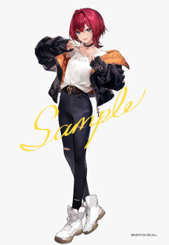 1girl ange_katrina ange_katrina_(5th_costume) belt belt_buckle black_choker black_jacket black_pants blue_eyes brown_belt buckle choker commentary_request copyright_notice denim double_v earrings full_body grey_background hair_between_eyes hair_intakes hair_ornament hairclip hands_up high_tops jacket jeans jewelry kawaguchi_(mojacome) long_sleeves looking_at_viewer nijisanji off_shoulder official_alternate_costume official_art open_clothes open_jacket padded_jacket pants pendant_choker red_hair sample_watermark shirt shirt_tucked_in shoes short_hair simple_background single_earring sleeves_past_wrists sneakers solo standing t-shirt torn_clothes torn_jeans torn_pants two-sided_fabric two-sided_jacket v virtual_youtuber watermark white_shirt white_shoes wolf_cut zipper zipper_pull_tab