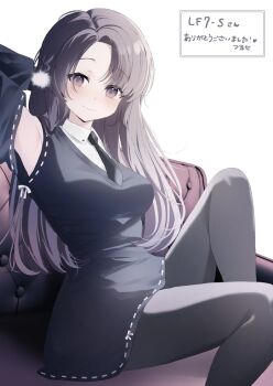 1girl arm_behind_head armpits artist_name black_dress black_necktie black_pantyhose black_sleeves blush breasts closed_mouth clothing_cutout commentary_request commission commissioner_name couch dress knee_up long_hair looking_at_viewer medium_breasts necktie on_couch original pantyhose parted_bangs purple_eyes purple_hair shirt short_necktie shoulder_cutout simple_background sitting skeb_commission smile solo thank_you translated tsuruse white_background white_shirt
