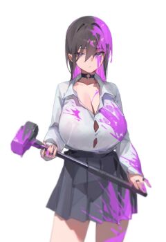 1girl absurdres black_choker black_hair black_skirt blue_eyes breasts button_gap choker cleavage closed_mouth collared_shirt colored_inner_hair cowboy_shot dress_shirt expressionless hair_between_eyes hammer heterochromia highres holding holding_hammer huge_breasts jewelry long_sleeves looking_at_viewer multicolored_hair multiple_rings newbie_(newbie_132) o-ring o-ring_choker original paint paint_in_hair paint_on_body paint_on_clothes paint_splatter paint_splatter_on_face pleated_skirt purple_eyes purple_hair ring school_uniform shirt simple_background skirt sledgehammer solo standing two-tone_hair white_background white_shirt