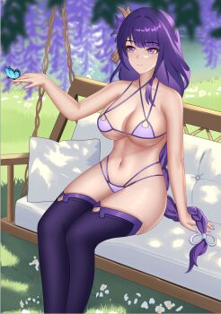 1girl bare_arms bare_shoulders blunt_bangs blurry blurry_foreground braid breasts bug butterfly butterfly_on_hand cleavage closed_mouth collarbone commentary couch depth_of_field eyeliner flower from_side genshin_impact grass hair_ornament hair_ribbon highres huge_breasts insect japanese_clothes light_smile long_braid long_hair makeup mole mole_under_eye multicolored_hair navel on_couch outdoors purple_eyes purple_hair purple_nails purple_thighhighs raiden_shogun red_eyeliner ribbon shade shuaishousha sitting solo stomach streaked_hair swimsuit thighhighs thighs wisteria