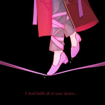 1other black_background black_pants coat commentary dante_(limbus_company) e.g.o_(project_moon) english_commentary feet foot_focus highres limbus_company pants pink_ribbon pink_shoes pink_shoes_(project_moon) project_moon red_coat ribbon roseate_desire_(e.g.o) roshia_(roshi_ga) shoes simple_background solo sparkle