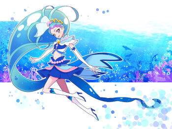 1girl aqua_hair blue_eyes blue_hair blue_skirt boots bubble commentary_request crown cure_mermaid earrings emine_mutsu fingernails full_body go!_princess_precure jewelry kaidou_minami knee_boots long_hair looking_at_viewer magical_girl midriff miniskirt multicolored_hair navel ocean open_mouth precure shell skirt two-tone_hair very_long_hair white_boots