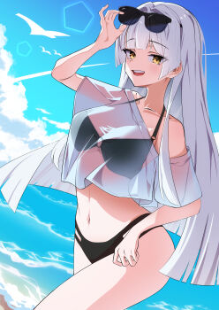 1girl absurdres bikini black_bikini black_survival commentary eternal_return:_black_survival eyewear_on_head grey_hair highres navel nia_noki open_mouth rio_(black_survival) shirt smile solo sunglasses swimsuit swimsuit_under_clothes thighs white_shirt yellow_eyes