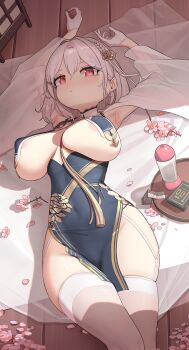 1girl absurdres areola_slip armpits azur_lane blue_borscht blue_dress breast_curtains breasts cherry_blossoms condom condom_packet_strip condom_wrapper detached_sleeves dress expressionless female_focus hair_flower from_above gloves highres large_breasts looking_at_viewer lube lying on_back red_eyes see-through_clothes see-through_sleeves sirius_(azur_lane) sirius_(azure_horizons)_(azur_lane) skindentation solo thighhighs white_gloves white_hair white_thighhighs
