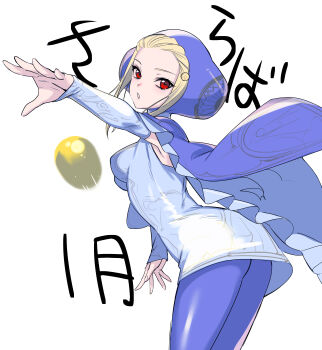 1girl absurdres blonde_hair cape capelet commentary_request detached_sleeves dress hair_ornament highres ingrid_(capcom) open_mouth pantyhose purple_cape purple_dress purple_pantyhose reaching reaching_towards_viewer red_eyes solo street_fighter street_fighter_6 tetsu_(kimuchi) translation_request