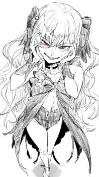 Rule 34 | 1girl, blush, bow, dead apostle noel (tsukihime), dress, evil smile, floating hair, hair bow, highres, hirekatsu-kan, leotard, long hair, looking at viewer, monochrome, noel (tsukihime), red eyes, smile, tsukihime, tsukihime (remake), vampire, very long hair, wrist cuffs