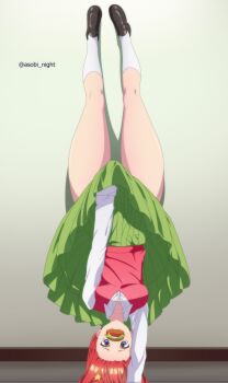 1girl arm_support asobi_night black_footwear blue_eyes breasts burger collarbone covering_privates covering_crotch food food_in_mouth go-toubun_no_hanayome green_skirt hair_ornament handstand highres long_hair long_sleeves looking_at_viewer lycoris_challenge_(meme) lycoris_recoil medium_breasts meme nakano_itsuki one_arm_handstand parody red_hair red_vest scene_reference school_uniform shirt skirt socks solo star_(symbol) star_hair_ornament sweat thick_thighs thighs twitter_username upside-down vest white_shirt white_socks