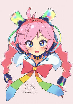 1girl 310123 blue_eyes blush bow bowtie braid choker commentary_request cropped_shoulders hair_ornament headphones highres hood hood_down long_hair looking_at_viewer open_mouth pink_hair rana_(vocaloid) smile solo sparkling_eyes twin_braids vocaloid