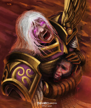 2024 2boys absurdres armor artist_name artstation_logo artstation_username blood blood_on_face breastplate brothers colored_tears commentary crying dated decapitation deviantart_logo deviantart_username disembodied_head english_commentary facebook_logo facebook_username fantasy ferrus_manus fulgrim gauntlets glowing glowing_eyes highres holding instagram_logo instagram_username kneeling long_hair male_focus multiple_boys niellustrate open_mouth pauldrons power_armor primarch purple_armor purple_eyes sad shoulder_armor shouting siblings teardrop tears twitter_logo twitter_username warhammer_40k white_hair