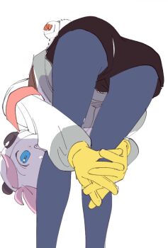 Rule 34 | 1girl, alva (eastward), bent over, black shorts, blue eyes, blue pantyhose, charm (object), commentary request, eastward, feet out of frame, forward fold, gloves, hood, hood up, hooded jacket, hugging own legs, interlocked fingers, jacket, looking at viewer, no+bi=, own hands together, pantyhose, pink hair, pom pom (clothes), short hair, short shorts, shorts, simple background, solo, standing, tareme, white background, white jacket, yellow gloves