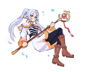 1girl absurdres belt black_belt black_pantyhose blue_petals blush boots breasts brown_boots capelet earrings elf floating_earrings frieren full_body green_eyes grey_hair highres holding holding_staff jewelry kaatokun long_hair long_sleeves looking_at_viewer mage_staff pantyhose parted_bangs petals pointy_ears simple_background skirt solo sousou_no_frieren staff teardrop_earrings twintails white_background white_capelet white_hair white_skirt