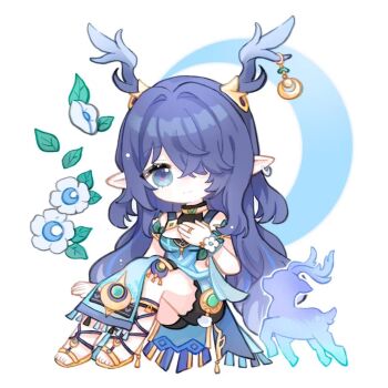 1girl antler_ornament antlers bare_shoulders blue_dress blue_eyes breasts chibi chibi_only closed_mouth commentary deer_antlers dress ear_piercing full_body genshin_impact hair_over_one_eye hand_up highres horns invisible_chair lauma_(genshin_impact) long_hair looking_at_viewer mysticstarsjp pelvic_curtain piercing pointy_ears purple_hair simple_background sitting sleeveless sleeveless_dress solo untranslatable_commentary very_long_hair white_background