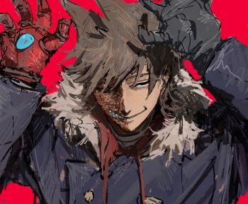 Rule 34 | 1boy, animification, bandaged neck, bandages, black eyes, black gloves, black sclera, blue coat, brown hair, burn scar, buttons, coat, colored sclera, dora (dorrra05), double-breasted, drawstring, eddsworld, fur-trimmed coat, fur trim, gloves, grin, hair ears, hands up, heterochromia, highres, hood, hood down, hoodie, long sleeves, looking at viewer, male focus, mechanical arms, military coat, military uniform, mismatched sclera, portrait, red background, red eyes, red hoodie, red leader (eddsworld), scar, short hair, simple background, single glove, single mechanical arm, smile, solo, tord (eddsworld)