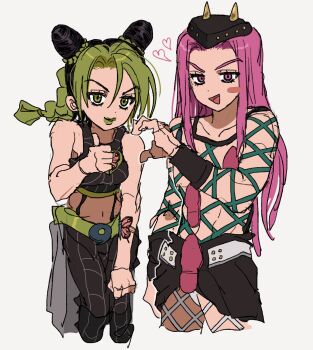 1boy 1girl bare_shoulders belt black_hair black_tank_top blush braid breasts bun_with_braided_base butterfly_ornament butterfly_tattoo cone_hair_bun cowboy_shot crop_top double_bun fake_horns fishnet_top fishnets fu_r_y green_belt green_eyes green_hair green_lips hair_bun heart heart_hands heart_hands_failure hetero highres horned_hat horned_headwear horns jojo_no_kimyou_na_bouken kuujou_jolyne lipstick long_hair makeup medium_hair midriff multicolored_hair narciso_anasui navel outline pink_eyes pink_hair simple_background sketch small_breasts spider_web_print stone_ocean tank_top tattoo thumbs_up two-tone_hair white_background white_outline