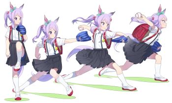 1girl absurdres aged_down animal_ears backpack bag baseball baseball_glove black_skirt child collared_shirt commentary crime_prevention_buzzer furrowed_brow grimace hair_bobbles hair_ornament highres horse_ears horse_girl horse_tail kneehighs light_blush mejiro_mcqueen_(umamusume) motion_blur nishiki_kazue open_mouth pitching pleated_skirt pout purple_eyes purple_hair randoseru red_bag sequential shirt shoes short_twintails sidelocks skirt socks solo standing standing_on_one_leg suspender_skirt suspenders swept_bangs tail twintails umamusume uwabaki white_background white_shirt white_socks wide-eyed