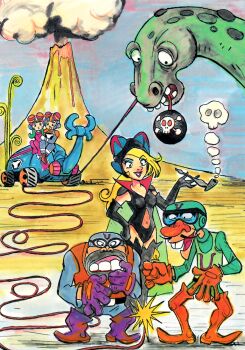 2girls 3boys artist_request ass black_leotard blonde_hair bodysuit boyakki breasts dinosaur doronjo elbow_gloves gloves leotard long_hair mask multiple_boys multiple_girls official_art outdoors sideboob tatsunoko_production thighhighs time_bokan_(series) tonzura torn_clothes wide_hips