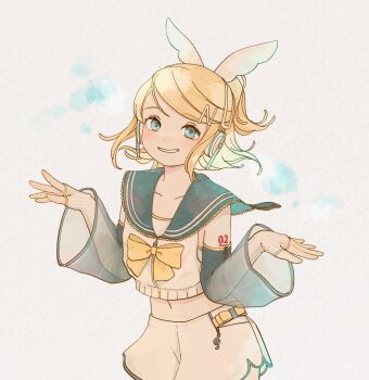 1girl aqua_eyes black_gloves black_sailor_collar black_sleeves blonde_hair bow bowtie collarbone commentary_request cowboy_shot cropped_jacket detached_sleeves fingerless_gloves gloves gold_trim grin hair_ornament headset highres jacket kagamine_rin kagamine_rin_(nt) navel ribbed_gloves sabaku_(saba9) sailor_collar sailor_jacket short_hair shorts sleeveless sleeveless_jacket smile solo treble_clef vocaloid w_arms white_background white_jacket white_shorts wing_hair_ornament yellow_bow yellow_bowtie zipper_pull_tab