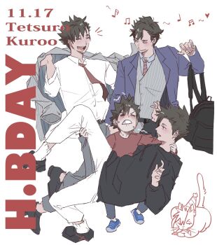 1117516_547 4boys animalization backpack bag black_hair black_hoodie blue_jacket character_name child clenched_teeth closed_mouth collared_shirt commentary dated diagonal-striped_clothes diagonal-striped_necktie drawstring grey_vest haikyuu!! happy_birthday heart highres holding holding_bag holding_unworn_clothes hood hood_down hoodie jacket kuroo_tetsurou lapels long_sleeves lower_teeth_only male_focus multiple_boys multiple_views musical_note necktie notched_lapels open_clothes open_jacket open_mouth person_and_animalization pinstripe_pattern pinstripe_vest red_necktie red_shirt shirt short_hair spiked_hair striped_clothes suit_jacket symbol-only_commentary teeth time_paradox vest white_shirt