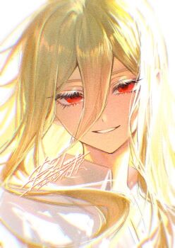 1girl blonde_hair character_request copyright_request long_hair lu_lamup parted_lips red_eyes shirt simple_background smile solo upper_body white_background white_shirt