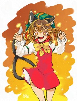 1girl animal_ears blush bow bowtie brown_hair cat_ears cat_girl cat_tail chen claw_pose commentary dress fang feet_out_of_frame frilled_hat frills green_hat hands_up hat highres long_sleeves looking_at_viewer mob_cap multicolored_hair multiple_tails orange_hair osaname_riku pinafore_dress red_dress scribble_background shirt short_hair sleeveless sleeveless_dress smile solo star-shaped_pupils star_(symbol) symbol-shaped_pupils tail thighs touhou two-tone_hair white_shirt yellow_bow yellow_bowtie