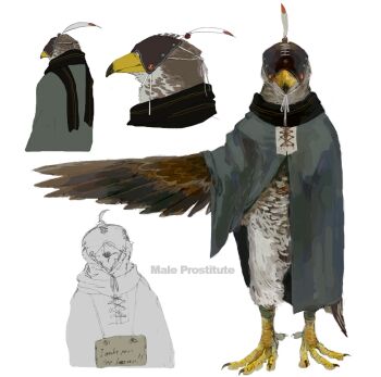 1boy bird bird_boy black_cloak brown_feathers brown_wings cloak commentary_request english_text falconry_hood feathered_wings feathers full_body furry furry_male hawk male_focus nagabe original simple_background white_background wings