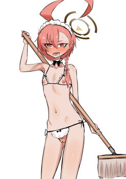 1girl ahoge black_panties blue_archive blush bra braid clothing_cutout crotch_cutout crotchless crotchless_panties cupless_bra detached_collar flat_chest frilled_bra frilled_hairband frills gluteal_fold hair_between_eyes hair_over_shoulder hairband halo holding holding_mop huge_ahoge maid maid_headdress mole_under_each_eye mole_under_eye mop multiple_moles neru_(blue_archive) nipples open_mouth orange_hair panties pussy red_eyes short_hair side_braid slit_pupils solo standing underwear white_background yamiochi_deska