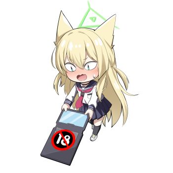 &lt;|&gt;_&lt;|&gt; 1girl absurdres animal_ears ballistic_shield black_choker black_sailor_collar black_skirt black_socks blonde_hair blue_archive blush chibi chibi_only choker commentary_request content_rating embarrassed fang fox_ears fox_girl full_body green_eyes green_halo hair_between_eyes halo highres holding holding_shield kneehighs kuromiz kurumi_(blue_archive) long_hair long_sleeves looking_down miniskirt neckerchief nose_blush open_mouth pleated_skirt red_neckerchief sailor_collar school_uniform serafuku shield shirt shoes sidelocks simple_background skin_fang skirt sneakers socks solo standing straight_hair sweatdrop triangle_halo two_side_up v-shaped_eyebrows very_long_hair white_background white_shirt white_shoes