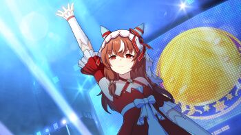 1girl absurdres animal_ears armpits arms_up bails breasts brown_hair closed_mouth commentary detached_sleeves hair_ornament highres horse_ears horse_girl looking_at_viewer ribbon screen small_breasts smile solo stage still_in_love_(scarlet_vow_raiment)_(umamusume) still_in_love_(umamusume) umamusume veil