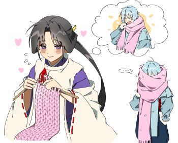 ... 2boys :d adjusting_scarf black_hair blue_hakama blush closed_eyes commentary_request covered_face cropped_torso curtained_hair flying_sweatdrops frilled_sleeves frills fubuki_(nige_jouzu_no_wakagimi) furisode_sleeves gloves hakama happy heart heart_in_eye highres hikobe_fubuki houjou_tokiyuki_(nige_jouzu_no_wakagimi) japanese_clothes kariginu knitting korean_commentary layered_sleeves long_hair long_sleeves male_focus messy_hair motoyui multiple_boys multiple_views nige_jouzu_no_wakagimi open_mouth parted_bangs pink_scarf ponytail puffy_long_sleeves puffy_sleeves purple_eyes red_ribbon ribbon ribbon-trimmed_sleeves ribbon_trim scarf sidelocks_tied_back simple_background smile speech_bubble spoken_ellipsis symbol_in_eye thought_bubble wavy_mouth white_background white_gloves