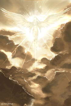 1girl above_clouds absurdres anjens breasts cloud cloudy_sky commentary english_commentary feathered_wings floating full_body glowing highres light_particles light_rays nephis_(shadow_slave) nude shadow_slave sky solo sun white_wings wings yellow_theme