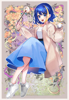 Rule 34 | 1girl, banbanjiiiiiii, blonde streaks, blue eyes, blue hair, blue nails, blue skirt, border, brown background, brown coat, coat, commission, cup, drinking glass, floral background, flower, full body, highres, holding, holding cup, holding wand, invisible chair, jewelry, knees up, long skirt, long sleeves, looking at viewer, multicolored hair, necklace, open clothes, open coat, open mouth, original, shirt, shoes, short hair, single hair streak, sitting, skeb commission, skirt, smile, sneakers, solo, streaked hair, sugar cube, teacup, teeth, wand, white border, white shirt, white shoes, yellow flower