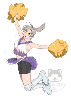 1girl absurdres alternate_costume alternate_hairstyle antenna_hair armpits bike_shorts bike_shorts_under_skirt black_shorts breasts cheerleader crop_top full_body green_eyes grey_hair highres holding holding_pom_poms kantai_collection kinugasa_(kancolle) kinugasa_kai_ni_(kancolle) medium_breasts ojipon pom_pom_(cheerleading) pom_poms ponytail shirt shorts shorts_under_skirt simple_background sleeveless sleeveless_shirt socks solo v-neck watermark white_background white_socks