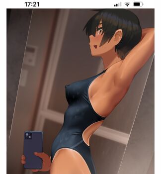 :d arm_behind_head armpits battery_indicator black_hair blue_one-piece_swimsuit blurry blurry_background blush border breasts cellphone clock commentary competition_school_swimsuit competition_swimsuit covered_erect_nipples cropped dark-skinned_female dark_skin dutch_angle eyelashes fake_phone_screenshot fake_screenshot from_side green_eyes hair_between_eyes highleg highleg_leotard hip_bones holding holding_phone kuronami_(lvi) leotard looking_at_viewer looking_to_the_side lvi medium_breasts one-piece_swimsuit one-piece_tan open_mouth original paid_reward_available phone presenting_armpit reflection school_swimsuit selfie short_hair shower_(place) smartphone smile swimsuit tan tanline thermostat tomboy toned toned_female white_border