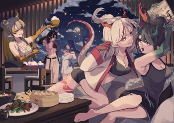 Rule 34 | 1boy, 4girls, :d, abs, absurdres, alternate costume, aqua hair, arknights, ass, bare arms, bare shoulders, black chemise, black hair, black shorts, black sports bra, blonde hair, blue eyes, blue hair, bowl, breasts, brother and sister, casual, chair, chemise, chongyue (arknights), cleavage, colored extremities, commentary, dragon girl, dragon horns, dragon tail, drawing (object), dress, drinking, dusk (arknights), family, food, full moon, grey hair, grin, hair behind ear, hair bun, hair intakes, hand on own hip, highres, holding, holding drawing, holding paintbrush, horns, kokawaaokawa, leaning, ling (arknights), long hair, looking at food, medium breasts, moon, multicolored hair, multiple girls, navel, nian (arknights), night, open clothes, open mouth, open shirt, orange eyes, paintbrush, plate, pointy ears, purple eyes, red eyes, red hair, rice, rice bowl, shamoji, shirt, short hair, short shorts, shorts, shu (arknights), siblings, sisters, smile, spaghetti strap, sports bra, standing, star (sky), streaked hair, table, tail, tail raised, toned, toned male, topless male, towel, white dress, white shirt