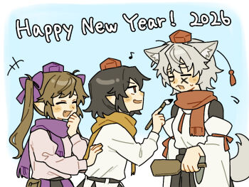 Rule 34 | 2026, 3girls, animal ear fluff, animal ears, black skirt, bow, calligraphy brush, closed eyes, commentary request, detached sleeves, drawing on another's face, fang, grey hair, hagoita, hair bow, happy new year, hat, himekaidou hatate, holding, holding calligraphy brush, holding paddle, holding paintbrush, inubashiri momiji, long sleeves, multiple girls, musical note, new year, open mouth, paddle, paintbrush, pink shirt, pointy ears, purple bow, purple hat, purple scarf, purple skirt, red hat, red scarf, sakic43899, scarf, shameimaru aya, shirt, skirt, smile, tokin hat, touhou, twintails, white shirt, wolf ears, wolf girl, yellow scarf