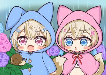 2girls animal_ears bandaid bandaid_hair_ornament blonde_hair blue_eyes blue_flower blue_raincoat blush cloud cloudy_sky commentary_request cropped_shirt crossed_bangs dog_ears dog_girl fang flower fuwawa_abyssgard hair_between_eyes hair_ornament hairclip happy highres hololive hololive_english leaf mococo_abyssgard multiple_girls navel open_mouth outdoors pink_eyes pink_flower pink_raincoat purple_flower rain raincoat sabamiso_(tomomon021831) shirt skin_fang sky snail standing water wet wet_clothes white_shirt x_hair_ornament