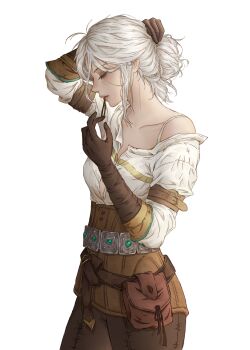 1girl absurdres ahoge armband artelsia bag belt bra bra_strap brown_armband brown_belt brown_corset brown_gloves brown_pants ciri closed_eyes corset elbow_gloves freckles gem gloves green_gemstone grey_belt hair_ornament hairpin highres holding holding_hairpin holding_own_hair leather_belt long_hair makeup mascara mature_female mouth_hold pants pink_lips profile shirt sidelocks simple_background single_bare_shoulder solo striped_clothes striped_gloves striped_shirt the_witcher_(series) the_witcher_3 unbuttoned unbuttoned_shirt underwear white_background white_bra white_hair white_shirt