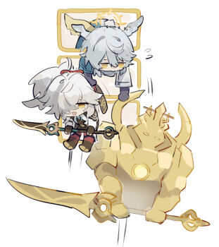 2boys blue_hair chibi chibi_only chinese_clothes feathered_wings flying_sweatdrops hair_between_eyes hair_ornament hair_over_one_eye halo head_wings holding holding_weapon honkai:_star_rail honkai_(series) jing_yuan lightning-lord_(honkai:_star_rail) long_hair male_focus mississipping multiple_boys ponytail simple_background sunday_(honkai:_star_rail) weapon white_hair wings yellow_eyes