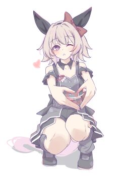 1girl animal_ears black_hairband black_shirt black_shoes black_shorts black_skirt black_socks blush bow breasts clothing_cutout collarbone commentary cropped_shirt curren_chan_(umamusume) detached_collar ear_bow ear_covers ear_ornament grey_hair hair_between_eyes hairband heart heart_hands highres horse_ears horse_girl horse_tail looking_at_viewer loose_socks meni_shuki_rush-sshu! one_eye_closed open_mouth parted_lips purple_eyes red_bow shirt shoes short_hair shorts shoulder_cutout simple_background skirt socks solo squatting tail thighs tofu_thunder umamusume white_background