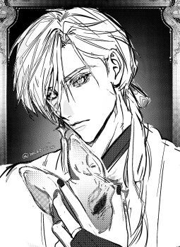 Rule 34 | 1boy, black nails, bridal gauntlets, closed mouth, earrings, fox mask, fox mask (silent hill), greyscale, hair between eyes, hair over shoulder, highres, holding, holding mask, japan, jewelry, long hair, looking at viewer, low ponytail, male focus, mask, miakopun, monochrome, nail polish, ponytail, removing mask, robe, silent hill (series), silent hill f, single earring, sketch, slit pupils, solo, tassel, tassel earrings, twitter username, upper body, white hair, white robe