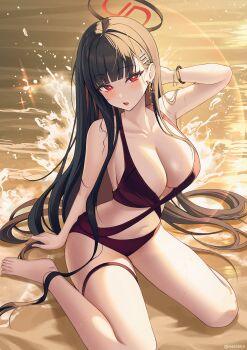 bare_shoulders barefoot beach black_hair blue_archive bracelet breasts cleavage earrings hair_ornament hairclip halo jewelry large_breasts louis_vuitton_(brand) mellozzo on_ground red_eyes rio_(blue_archive) sunlight sunset swimsuit thigh_strap waves