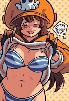 absurdres bikini blue_bikini blush brown_hair chipp_zanuff clothes_lift female_pervert guilty_gear guilty_gear_strive highres may_(guilty_gear) non-web_source pervert swimsuit topless_female