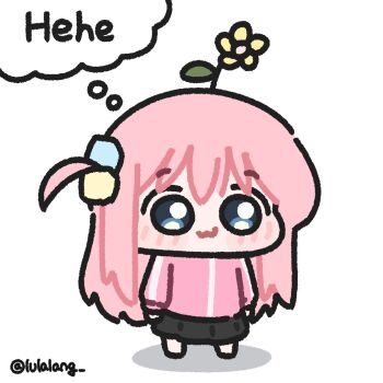 Rule 34 | 1girl, :3, black skirt, blue eyes, bocchi the rock!, chibi, chibi only, closed mouth, commentary, flower, flower on head, full body, gotoh hitori, highres, jacket, long hair, looking at viewer, lulalang, one side up, pink hair, pink jacket, simple background, skirt, smile, solo, speech bubble, standing, symbol-only commentary, thought bubble, white background